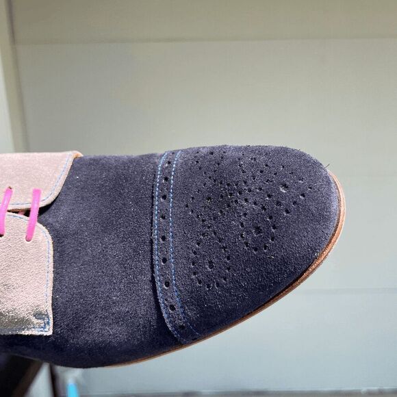 Undandy Navy Gray Suede Derby Shoes Sz 45/11.5 Pink Laces Yellow Lining - Picture 9 of 14